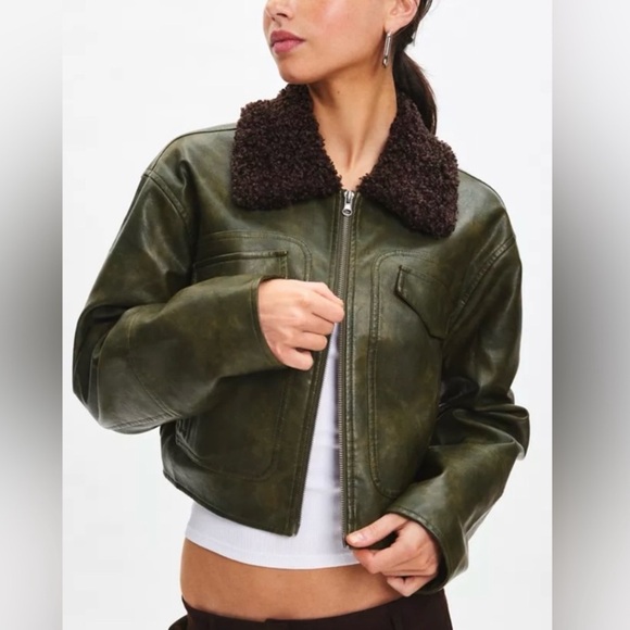 BDG Jackets & Blazers - Revolve - BDG Janine green faux leather moto jacket with brown collar